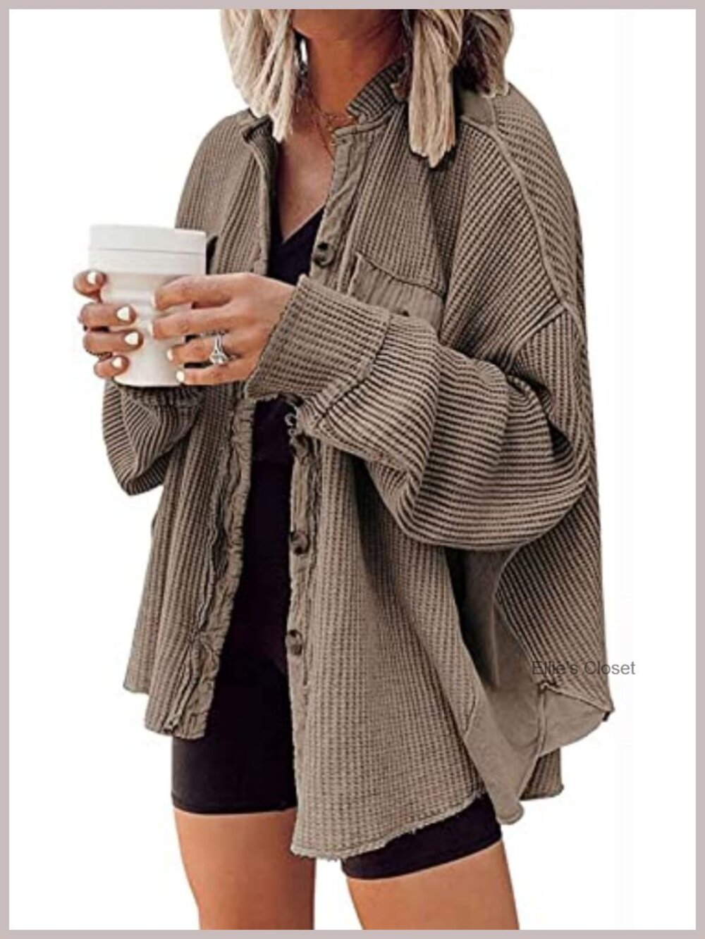 Waffle Knit Oversized Shacket Women Button Down Long Sleeve Fall Cardigan